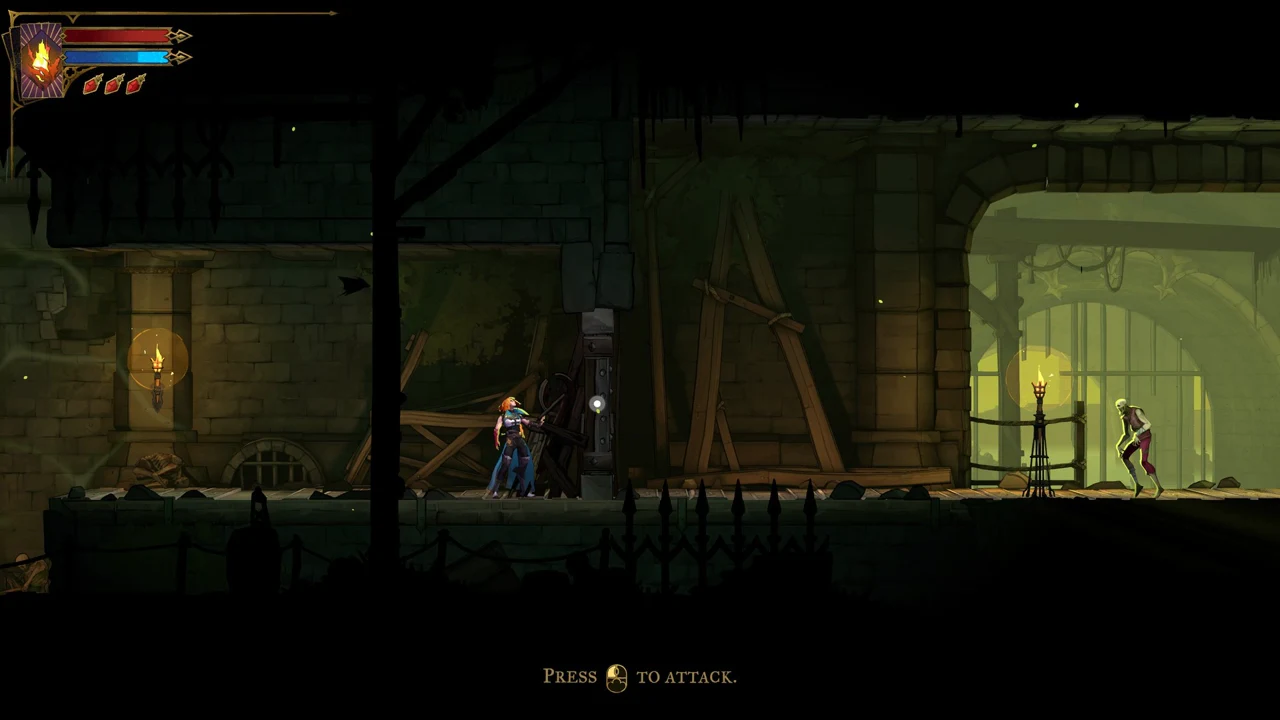 A dungeon corridor with the on-screen prompt showing the mouse button to attack an approaching enemy