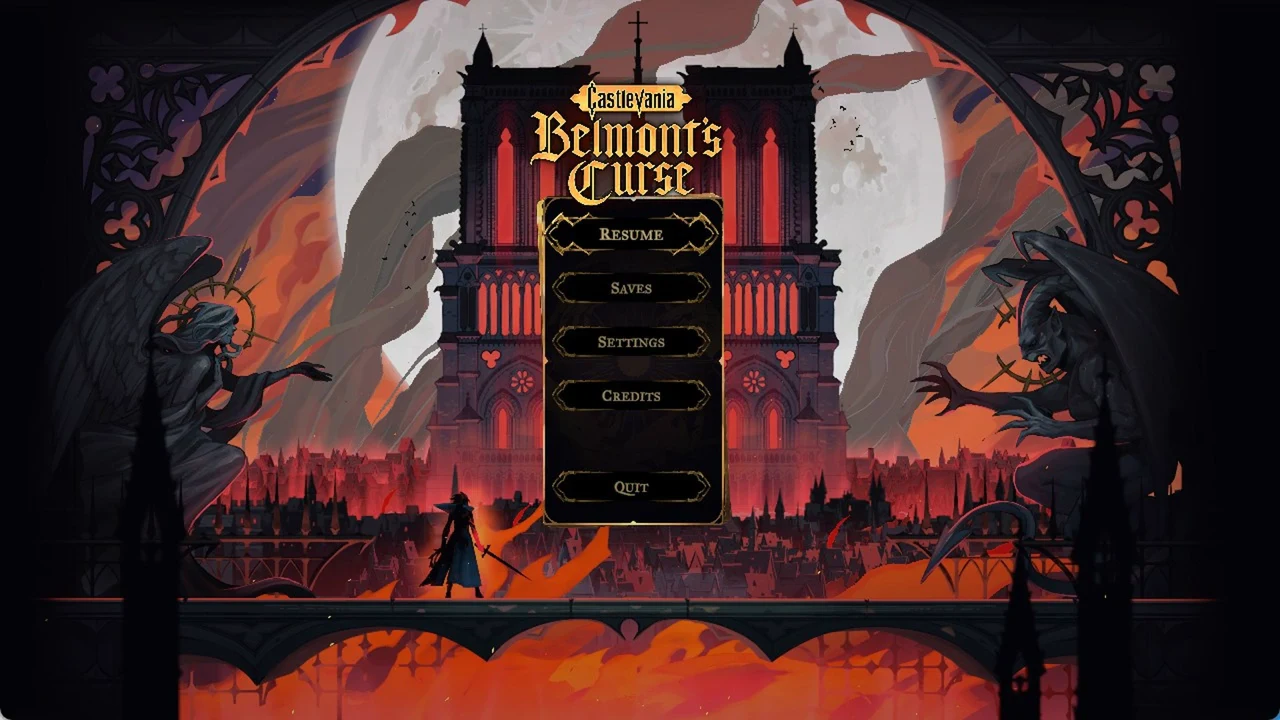 Castlevania: Belmont's Curse title screen menu with the Resume option highlighted