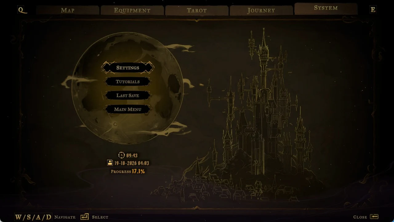 System tab listing Settings, Tutorials, Last Save and Main Menu with play time, last save time and Progress