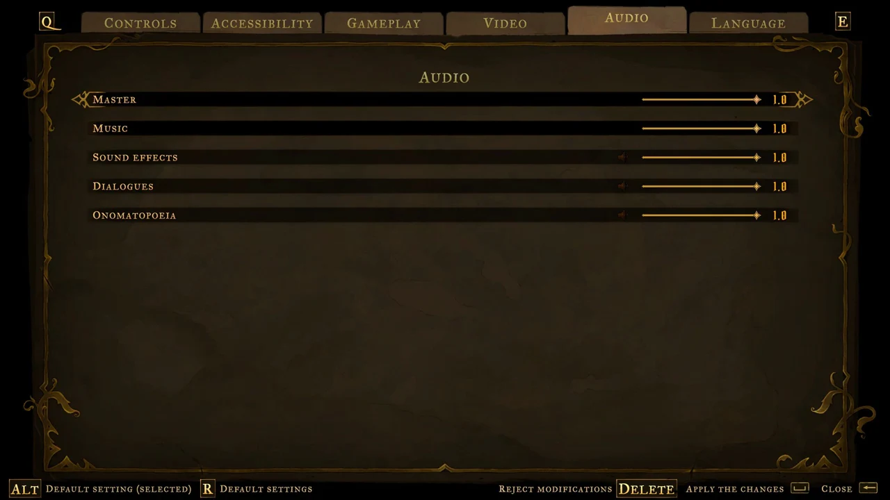 Audio tab with the Master volume slider selected at 1.0