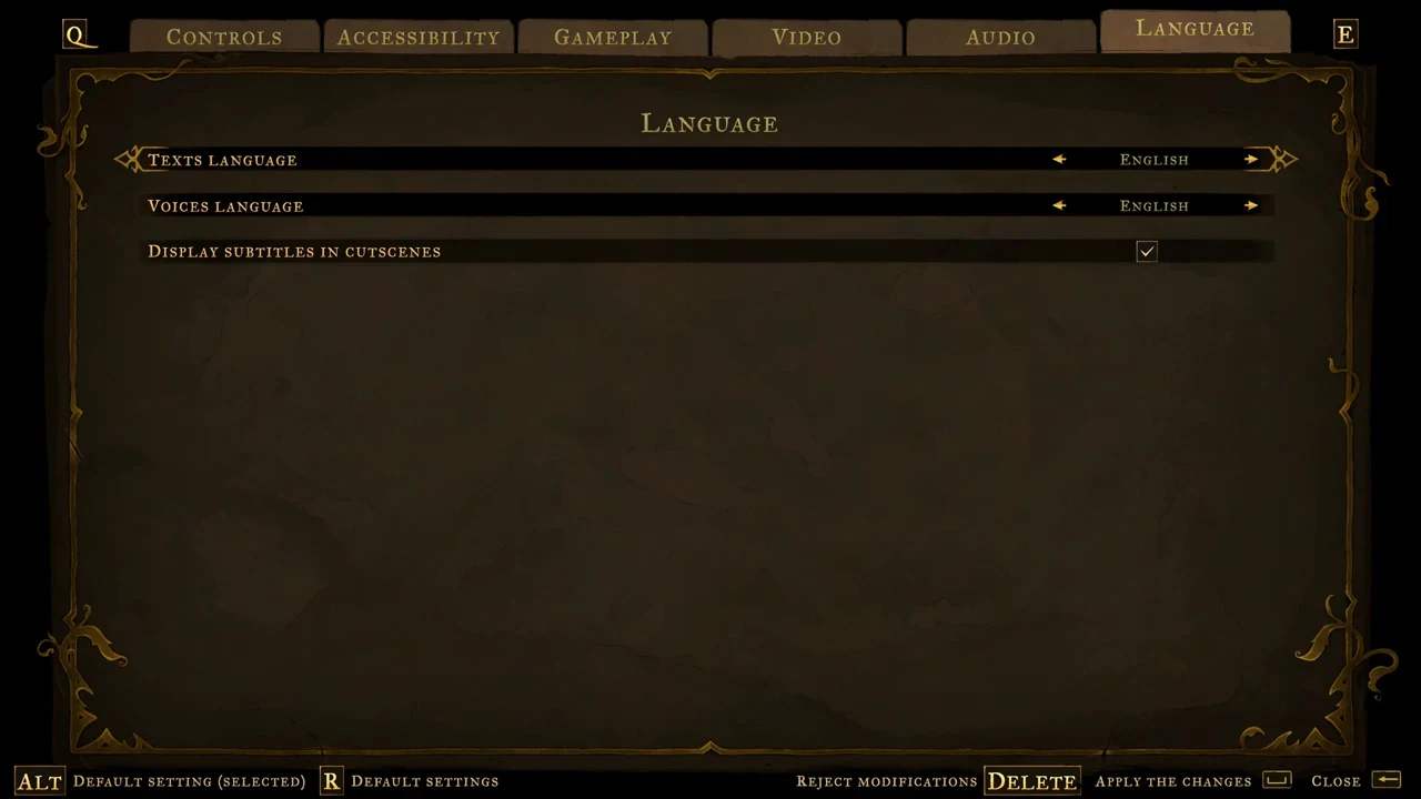 Language tab with Texts Language selected and set to English with change arrows