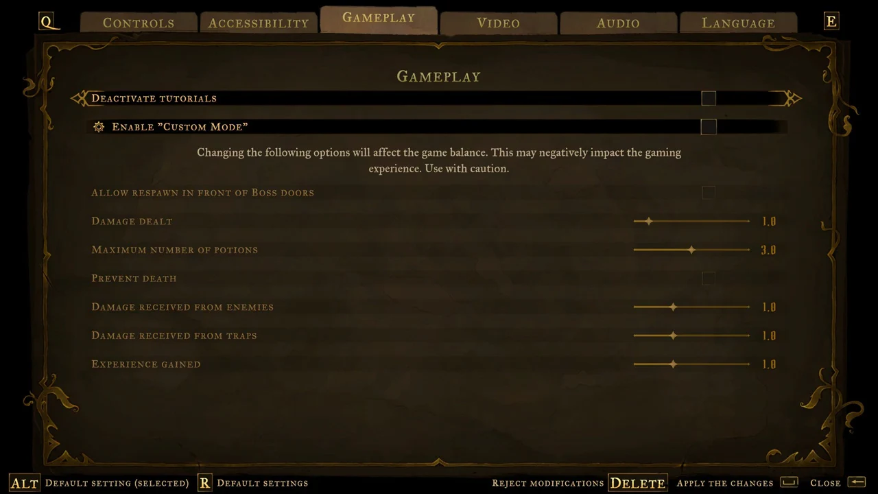 Gameplay tab open to the Enable Custom Mode toggle with balance options below