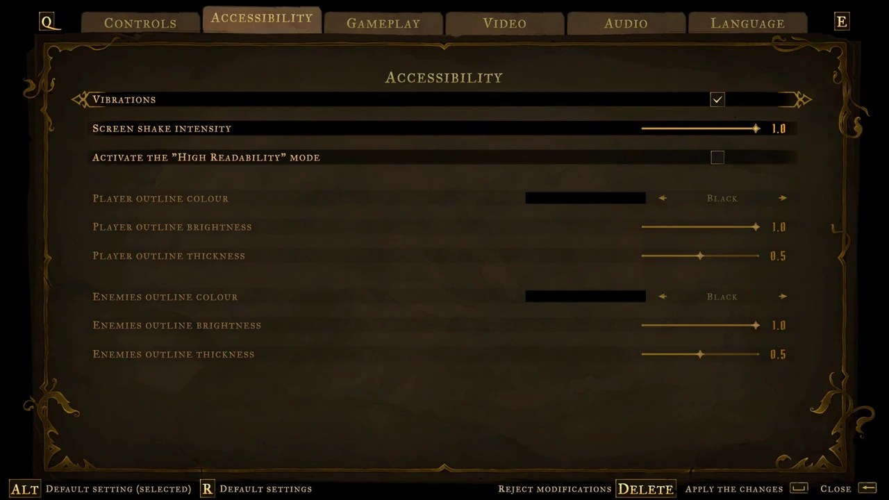 Accessibility tab with the Vibrations toggle selected and switched on