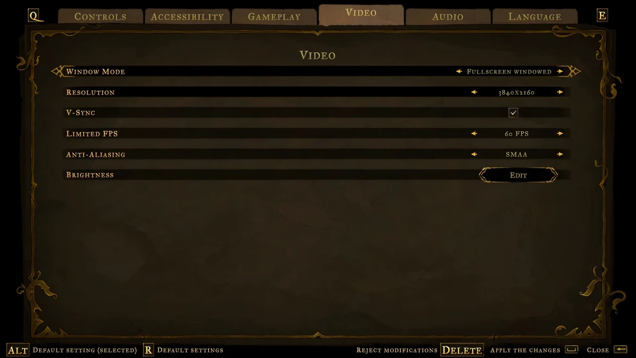 Video tab with the Window Mode row selected showing Fullscreen Windowed