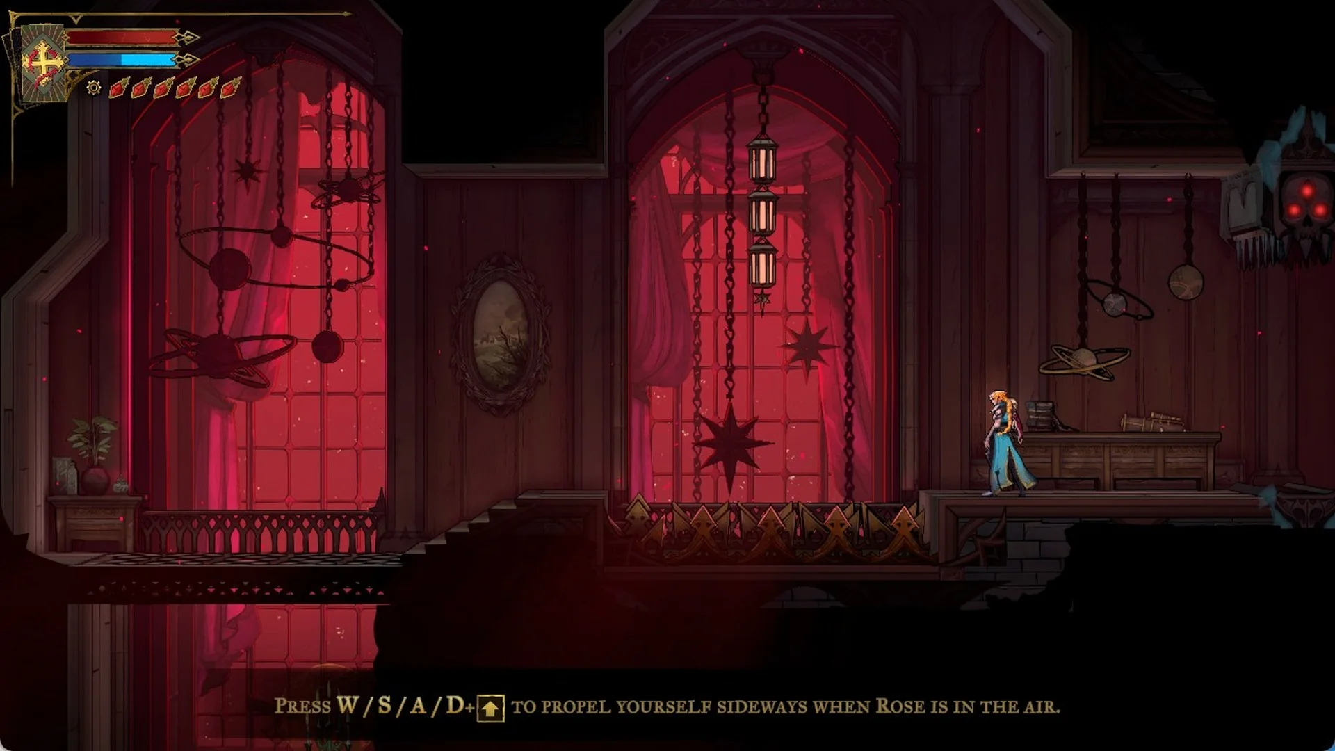 The W/S/A/D plus Shift Aerial Rush hint at the bottom of the screen in Castlevania: Belmont's Curse