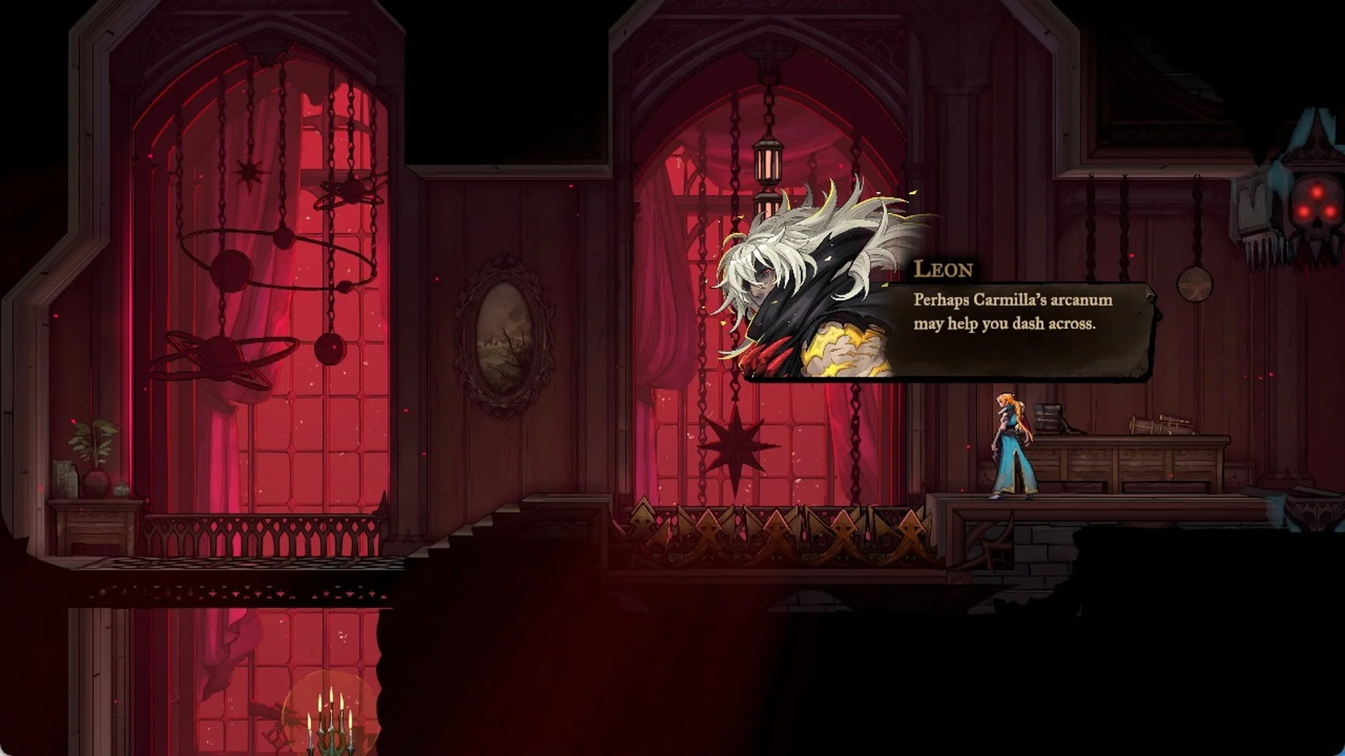 Leon suggesting Carmilla's arcanum to dash across the gap in Castlevania: Belmont's Curse