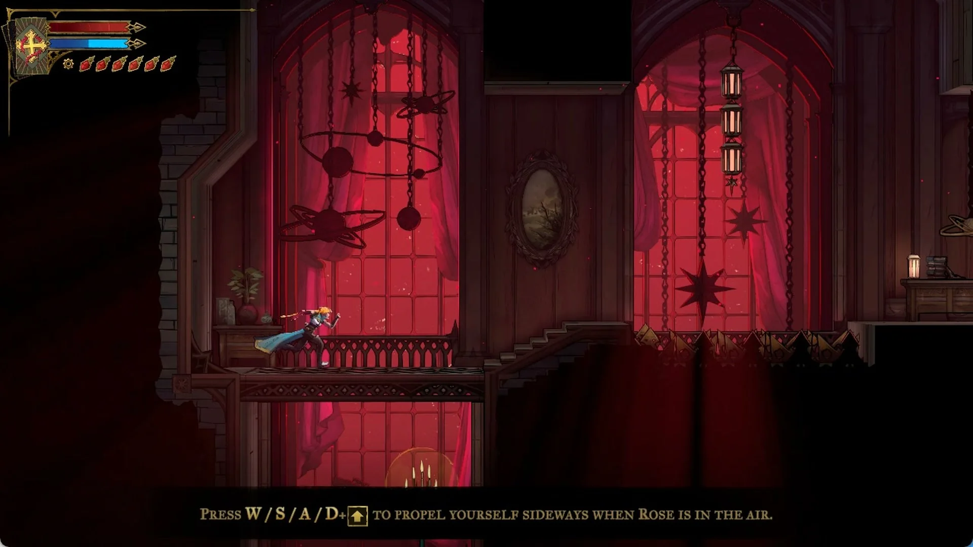 Rose dashing sideways through the air with Aerial Rush in Castlevania: Belmont's Curse