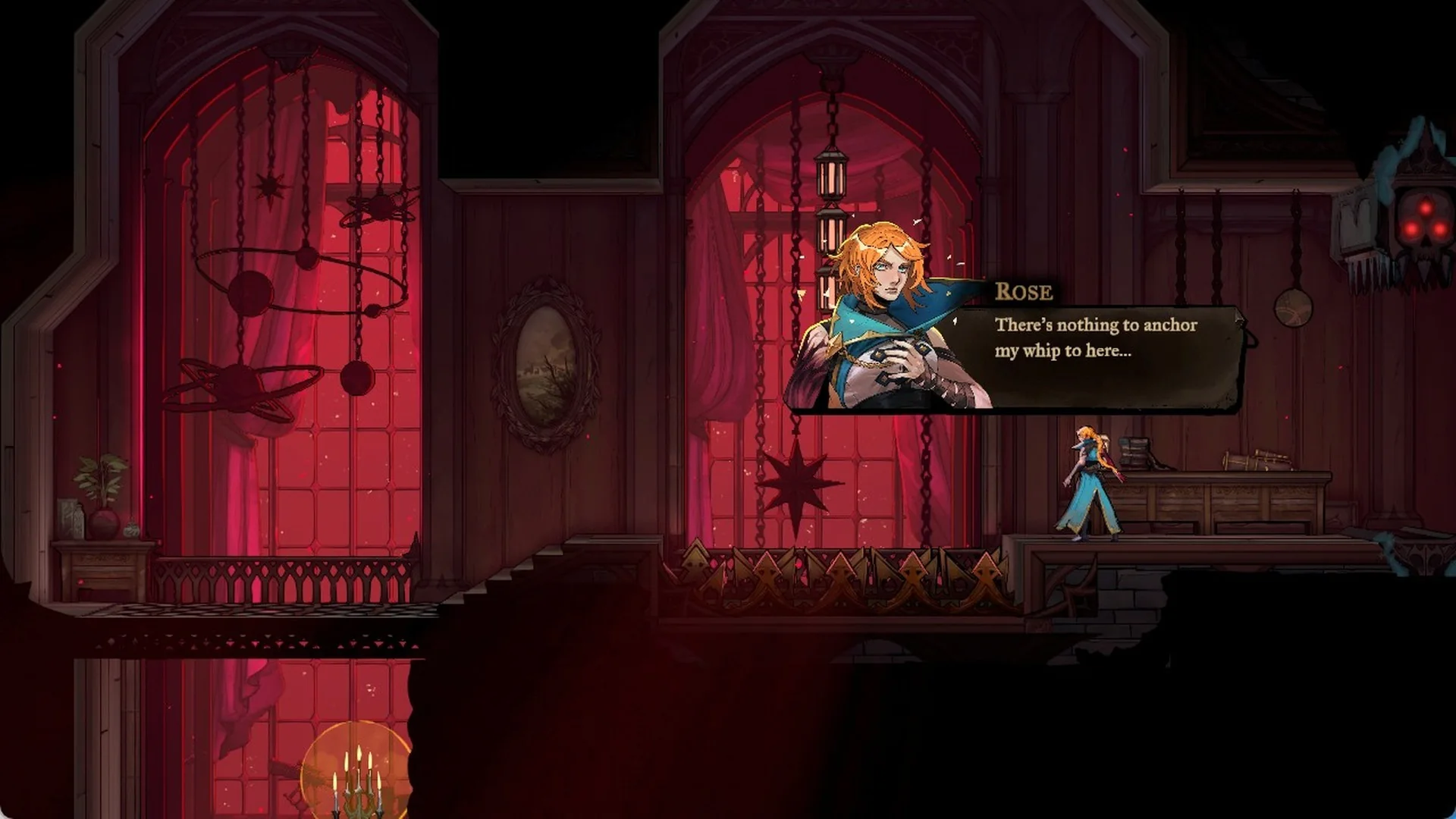 Rose on the ledge in the hallway left of Carmilla's hall, with nothing to hook the whip to, in Castlevania: Belmont's Curse