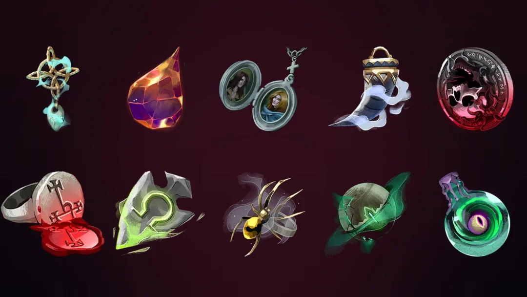 Castlevania: Belmont's Curse Relic icons including Witch's Knot, Twilight Gem and Family's Grace