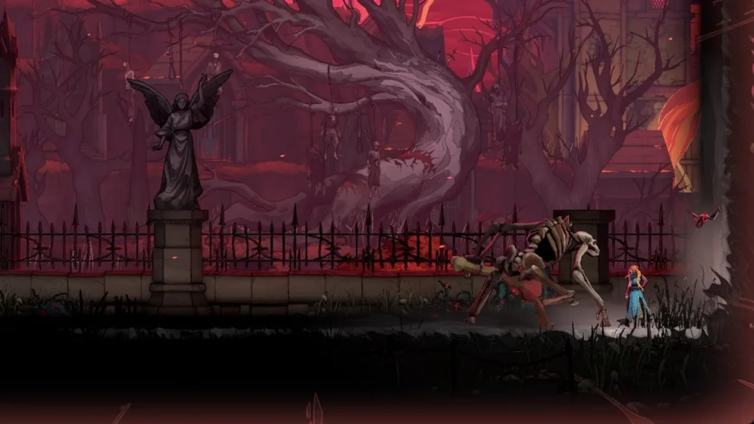 Rose facing a giant skeletal beast by a cemetery fence and angel statue