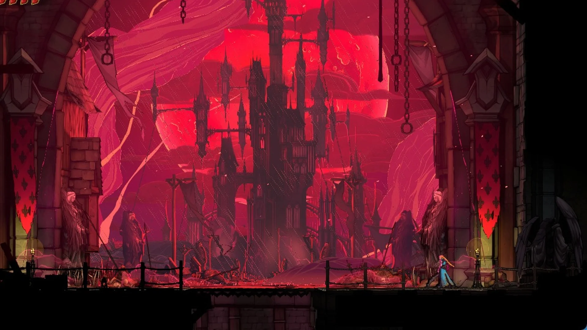 Dracula's castle under a red moon in Castlevania: Belmont's Curse