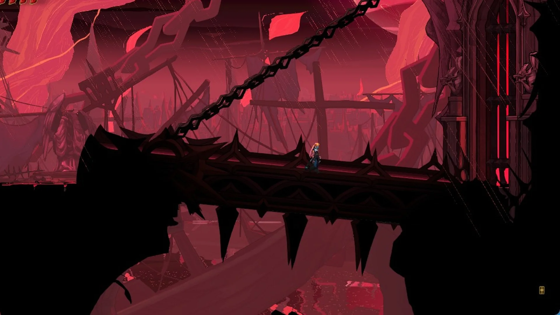 The Notre-Dame Bridge under a red sky in Castlevania: Belmont's Curse