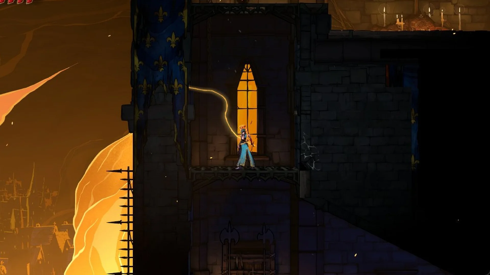 Rose climbing the burning Prison Tower in Castlevania: Belmont's Curse