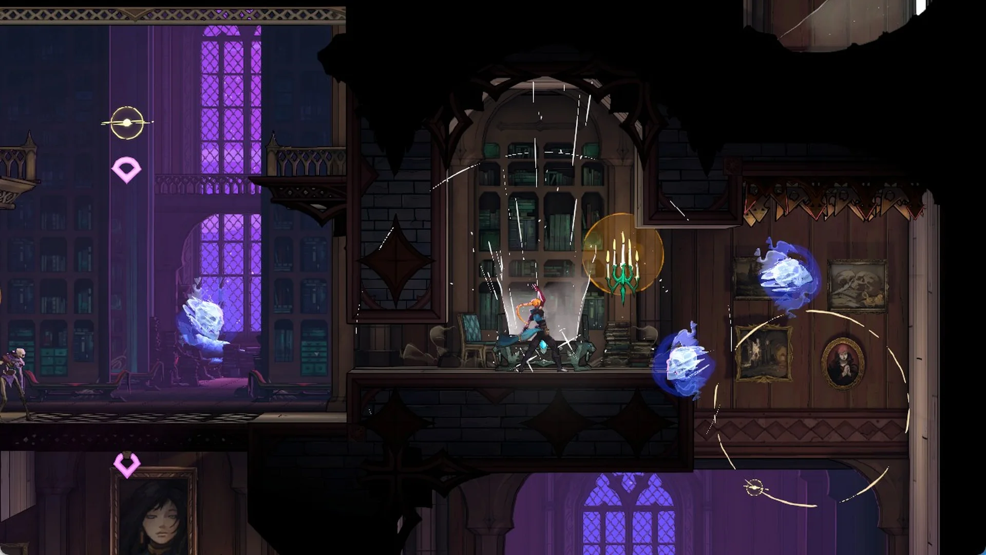Rose in a purple-lit Library hall with a grapple ring