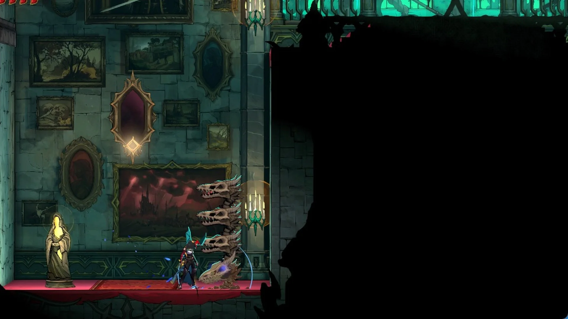 Rose beside a gold statue in a hidden hall of the Main Hall
