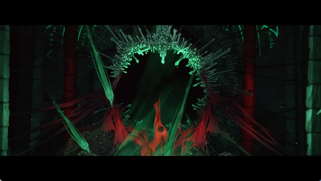 The bone arch of the Altar of Bones in the Catacombs of Paris in Castlevania: Belmont's Curse