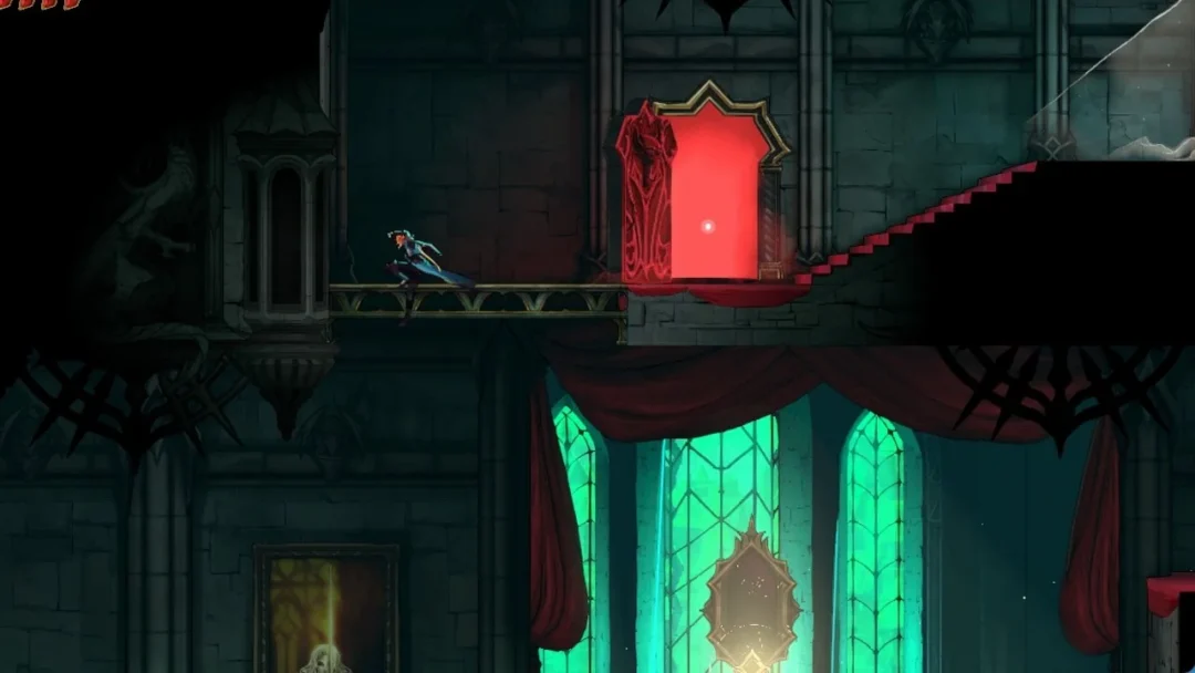 Rose crossing the upper walkway of the Entrance Corridor in Castlevania: Belmont's Curse