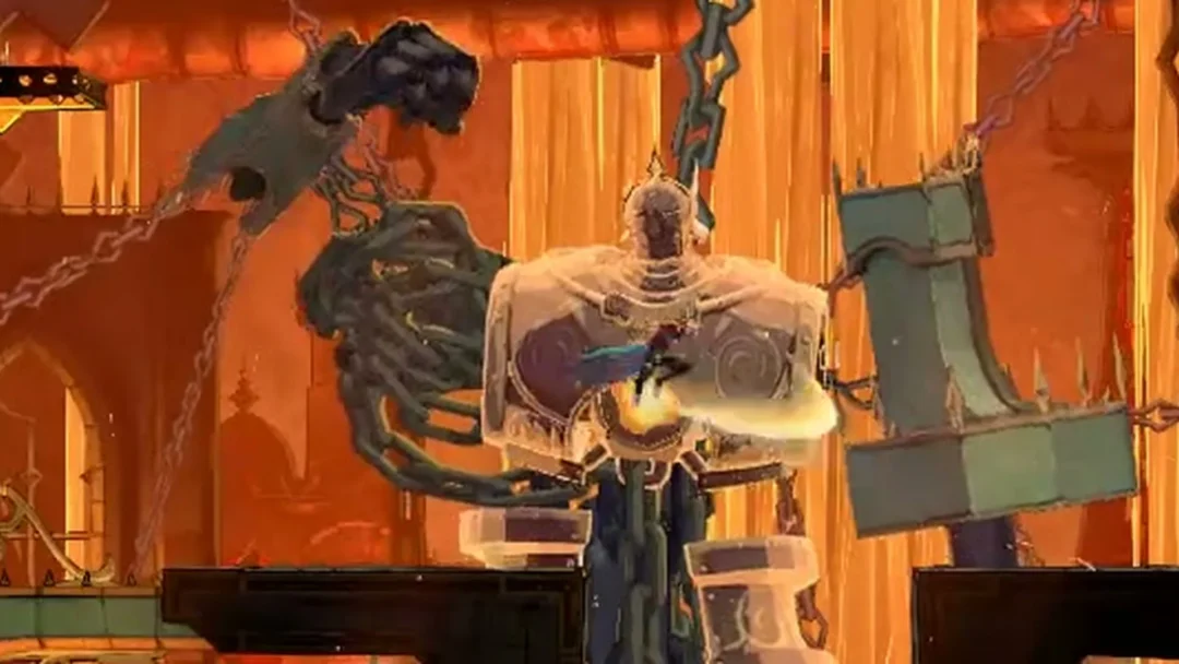 Rose leaping at the glowing core in Talos's chest in Castlevania: Belmont's Curse