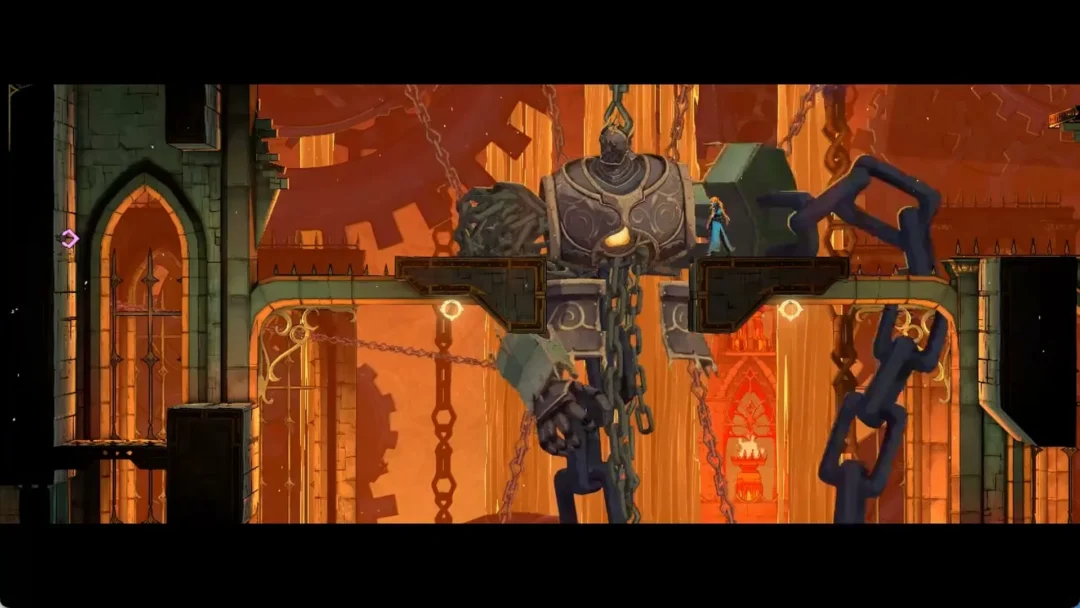 Talos breaking loose and sinking in the lower arena cutscene in Castlevania: Belmont's Curse