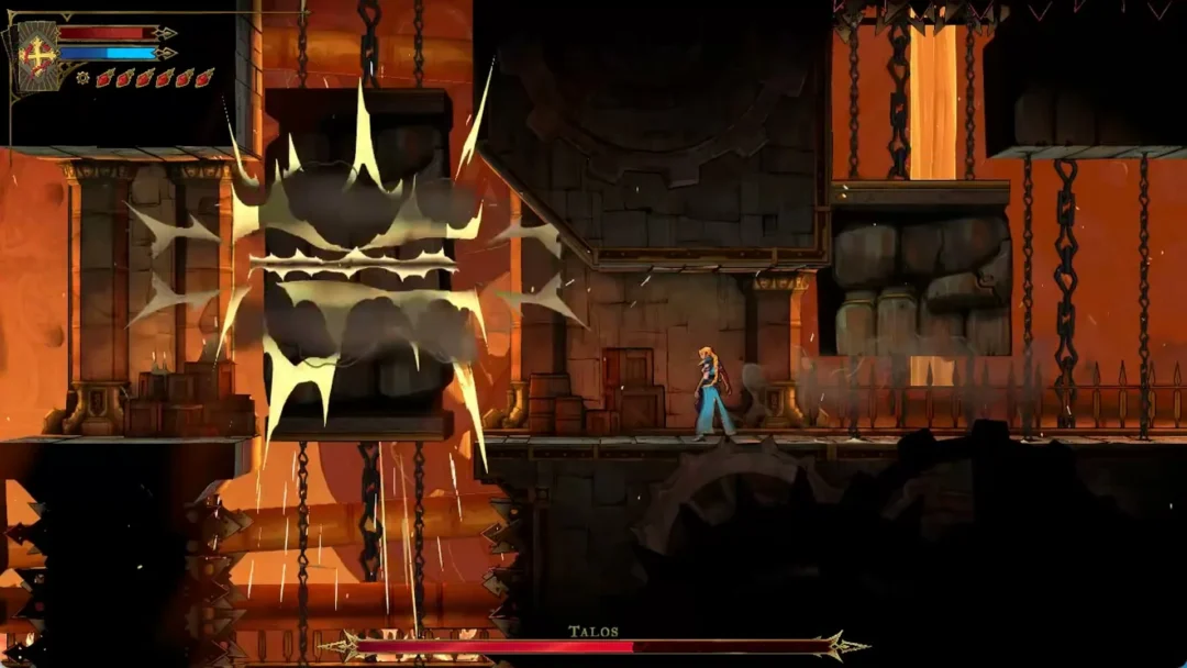 Rose by a spiked crusher slamming shut in the Talos gauntlet corridor in Castlevania: Belmont's Curse