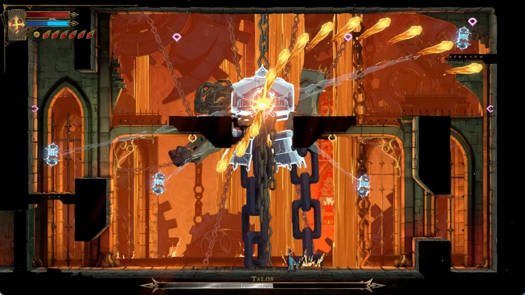 Talos under his blue shield in the lower arena with four drones in Castlevania: Belmont's Curse