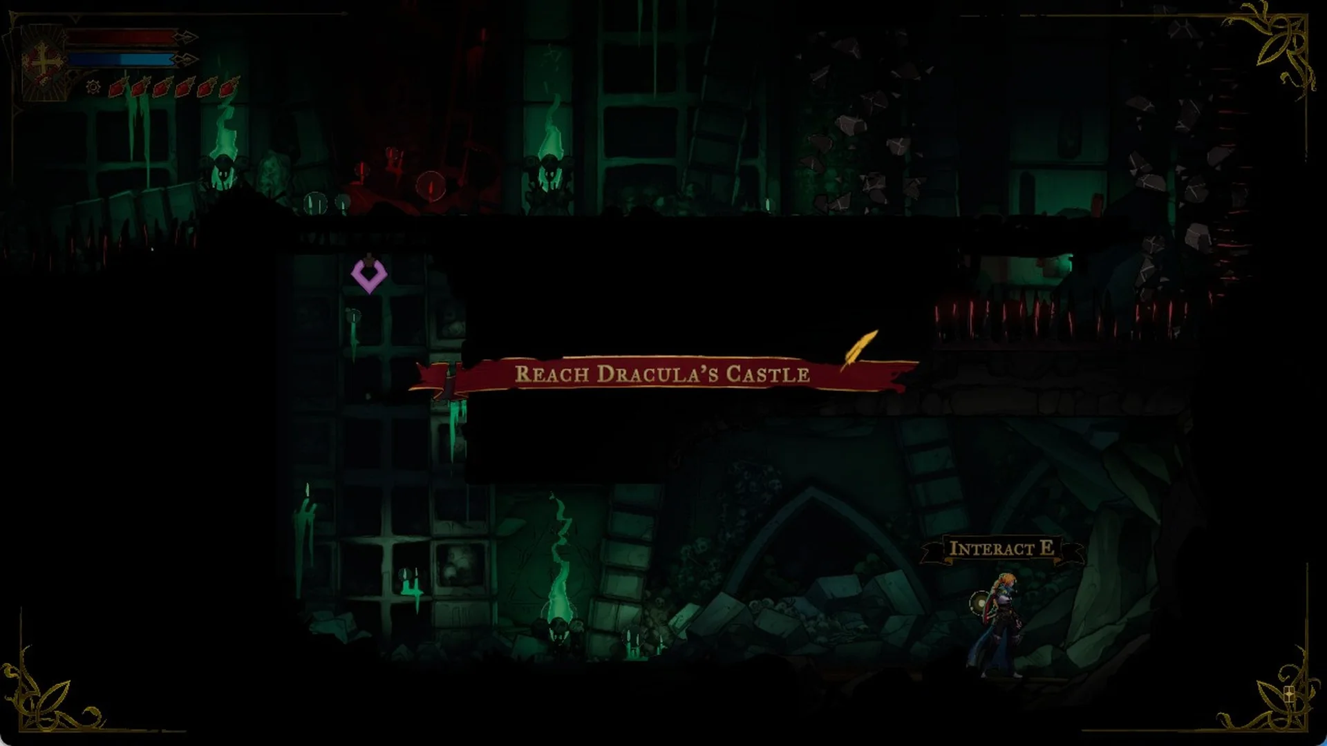 The objective banner Reach Dracula's Castle in the Catacombs