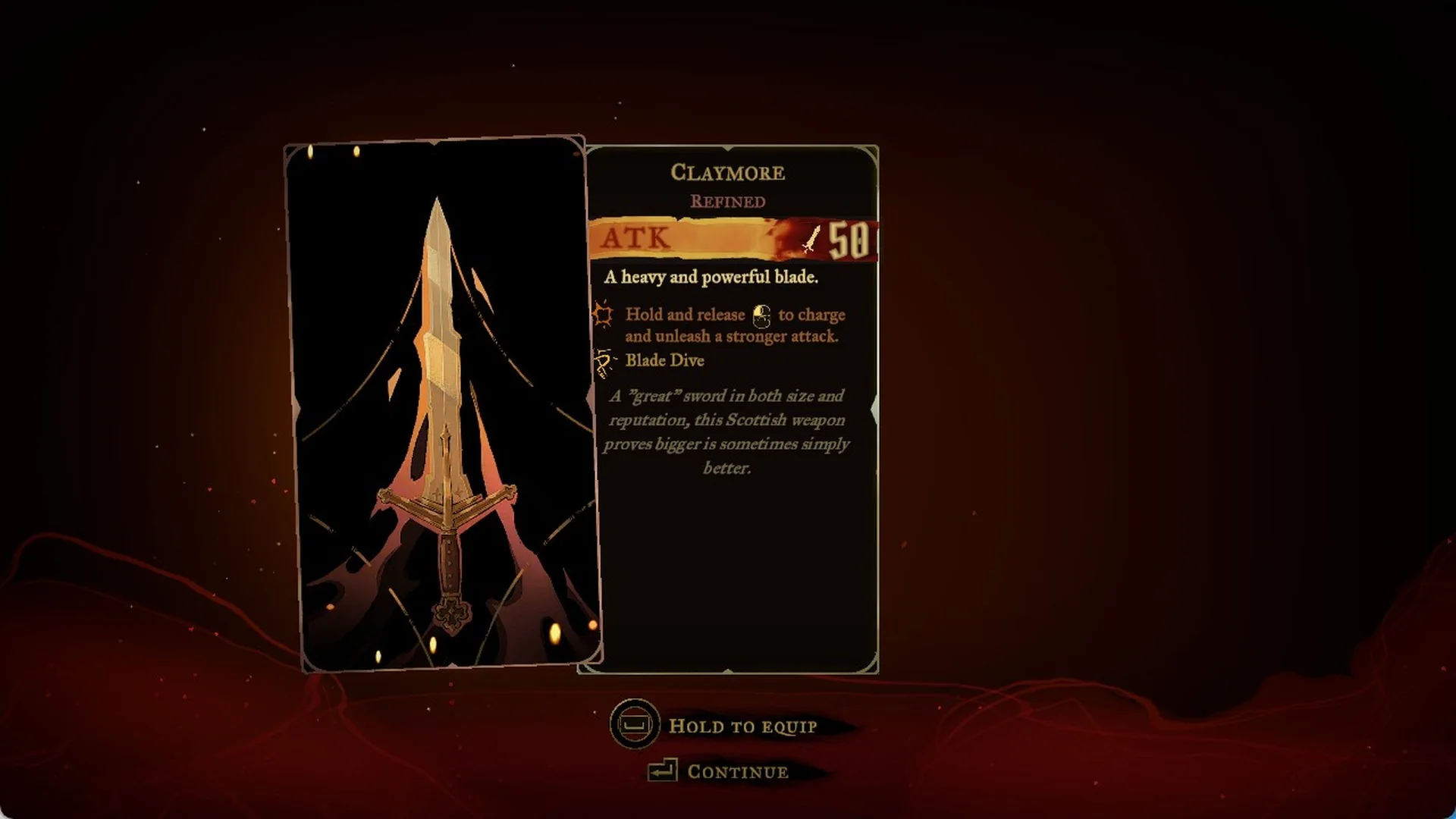 The Claymore weapon card, Refined, ATK 50, in Castlevania: Belmont's Curse