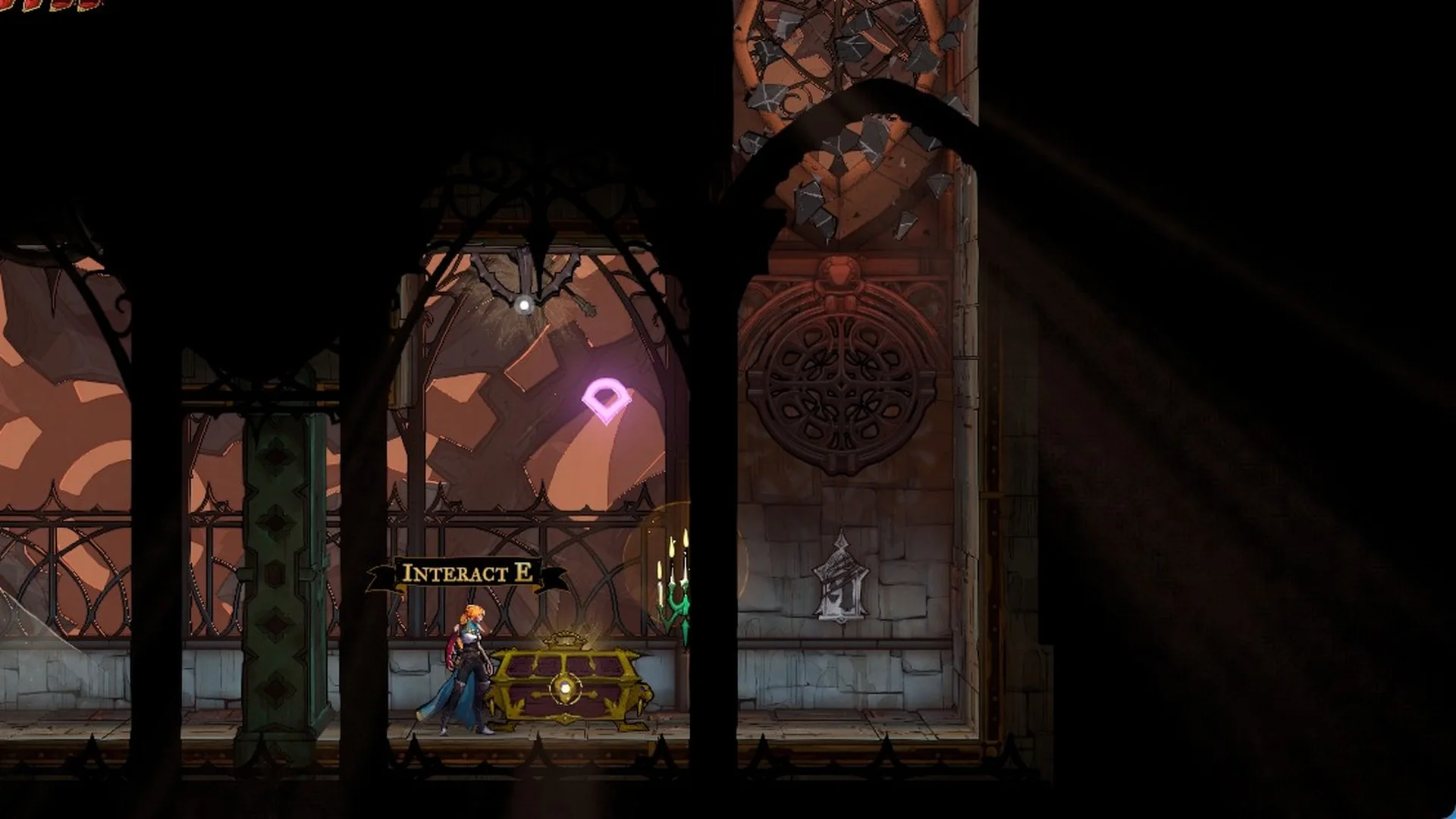Rose at the golden Claymore chest with the Interact E prompt in Castlevania: Belmont's Curse