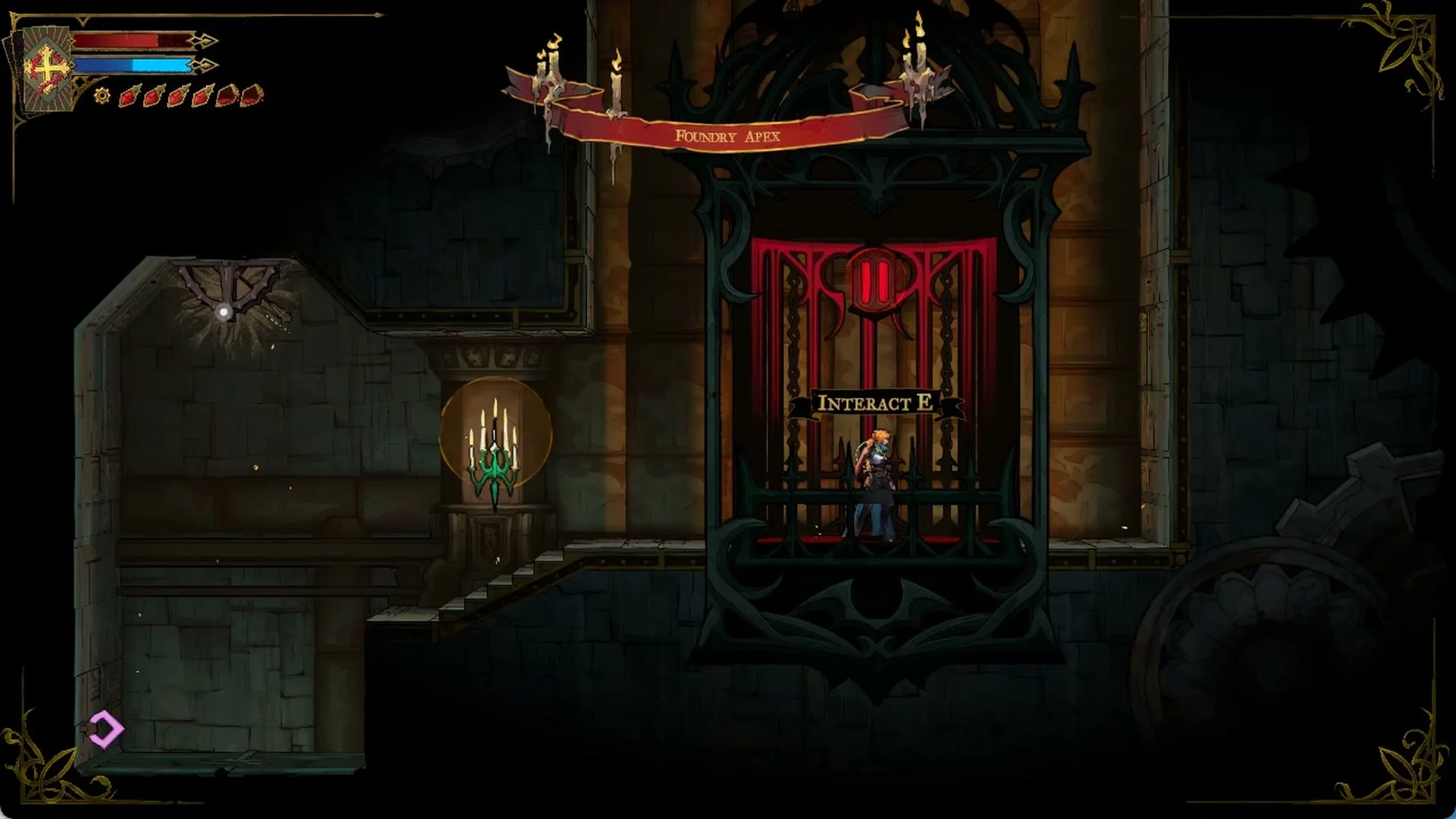 The cage elevator under the Foundry Apex banner in the Clock Tower in Castlevania: Belmont's Curse