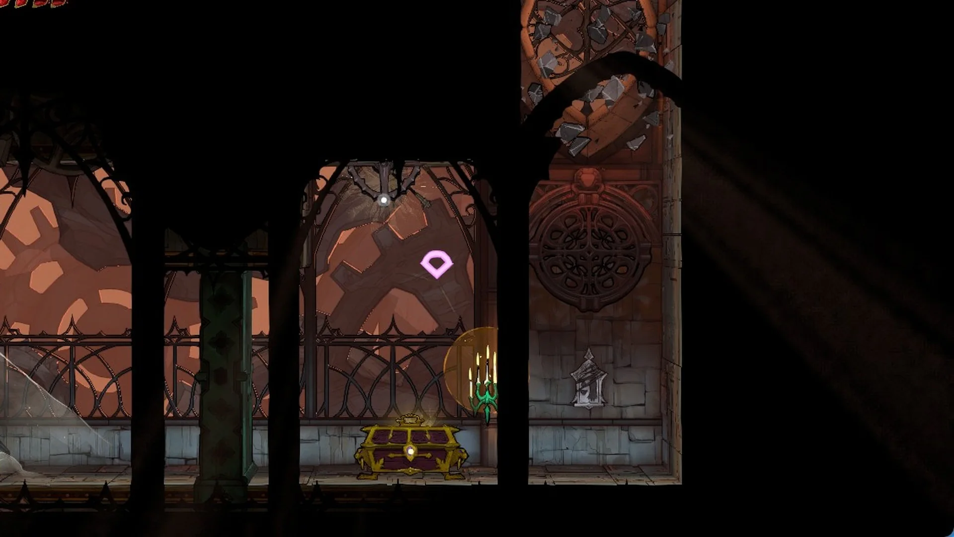The Way of the Fist puzzle room with the Claymore chest between two gates in Castlevania: Belmont's Curse