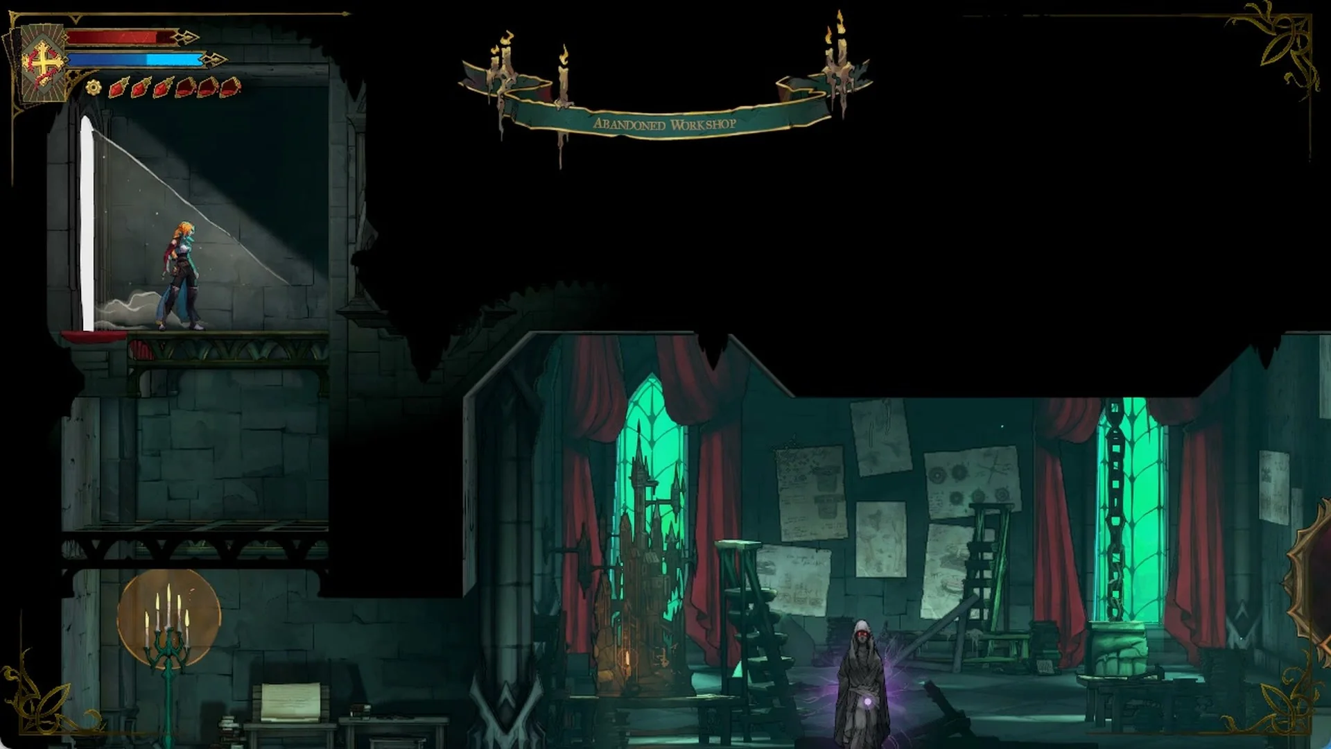 The Abandoned Workshop banner with the hooded statue on the lower floor in Castlevania: Belmont's Curse