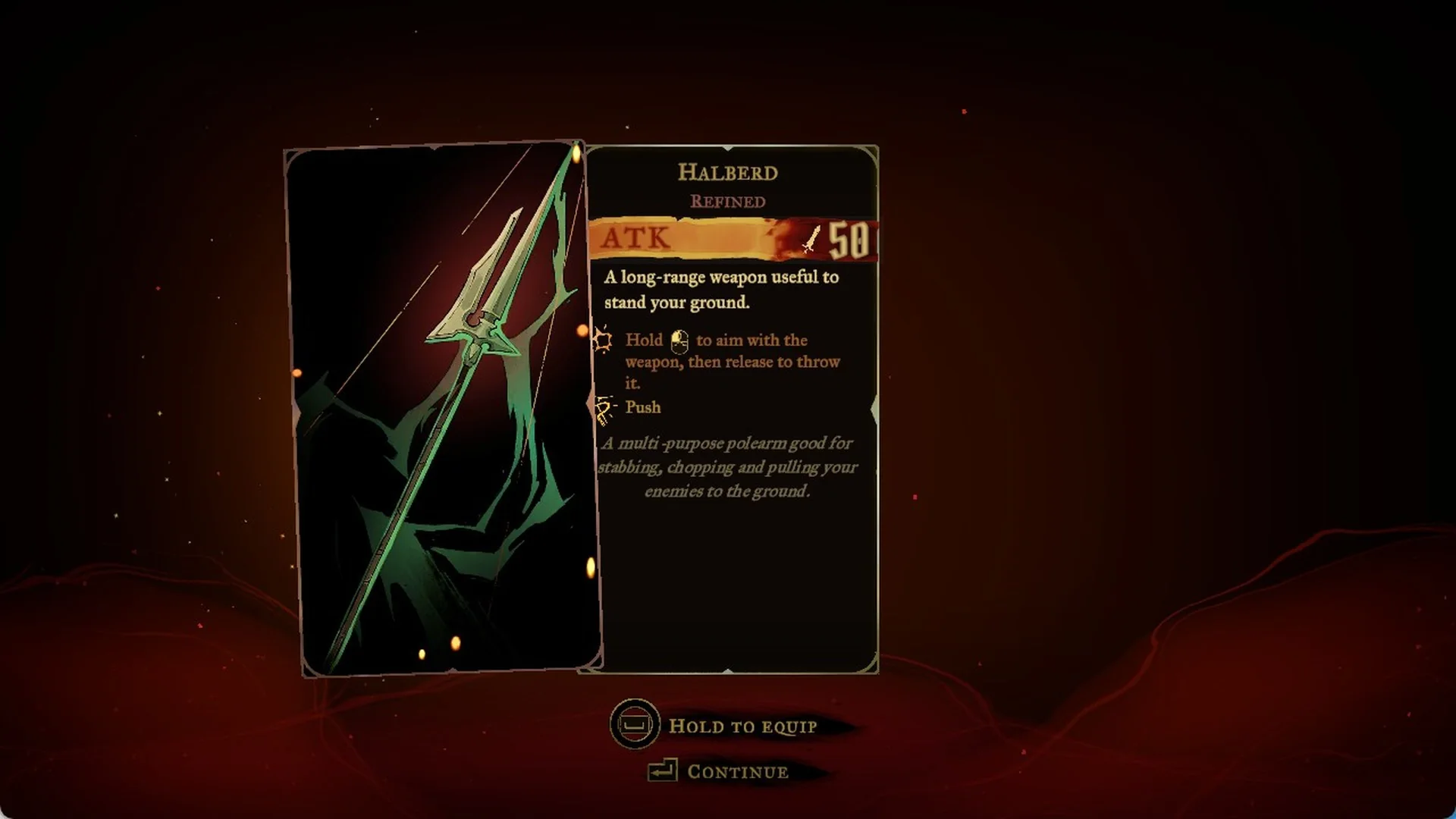 The Halberd weapon card, Refined, ATK 50, in Castlevania: Belmont's Curse