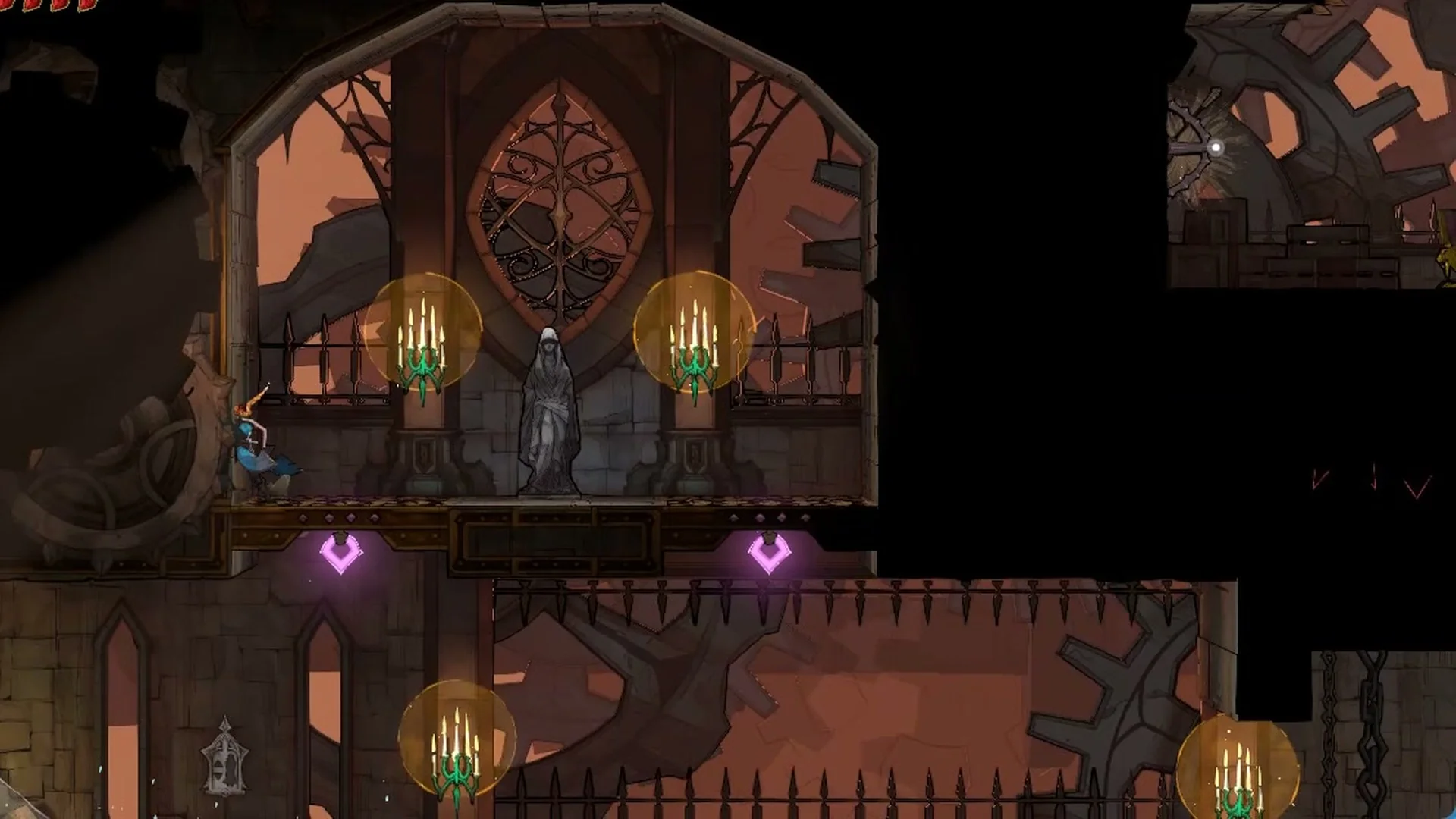 The hooded statue gallery in Mechanic's Ascent next to the Halberd alcove in Castlevania: Belmont's Curse