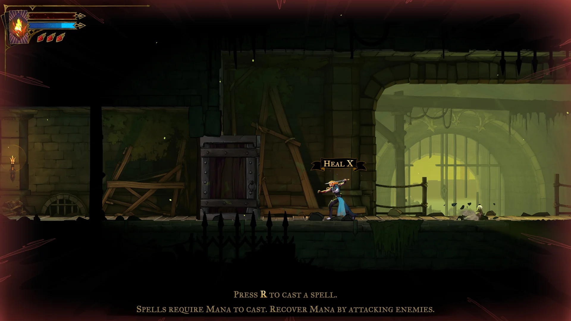 Rose in the sewers with a Heal X banner above her and the Press R to cast a spell tutorial at the bottom of the screen