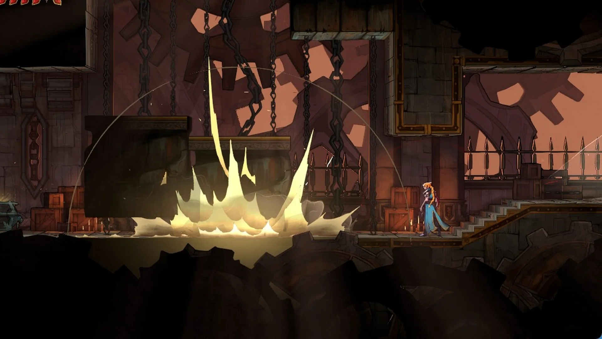 A stone block slamming onto the floor between Rose and the chest in the small room west of Daedalus Crossing in Castlevania: Belmont's Curse