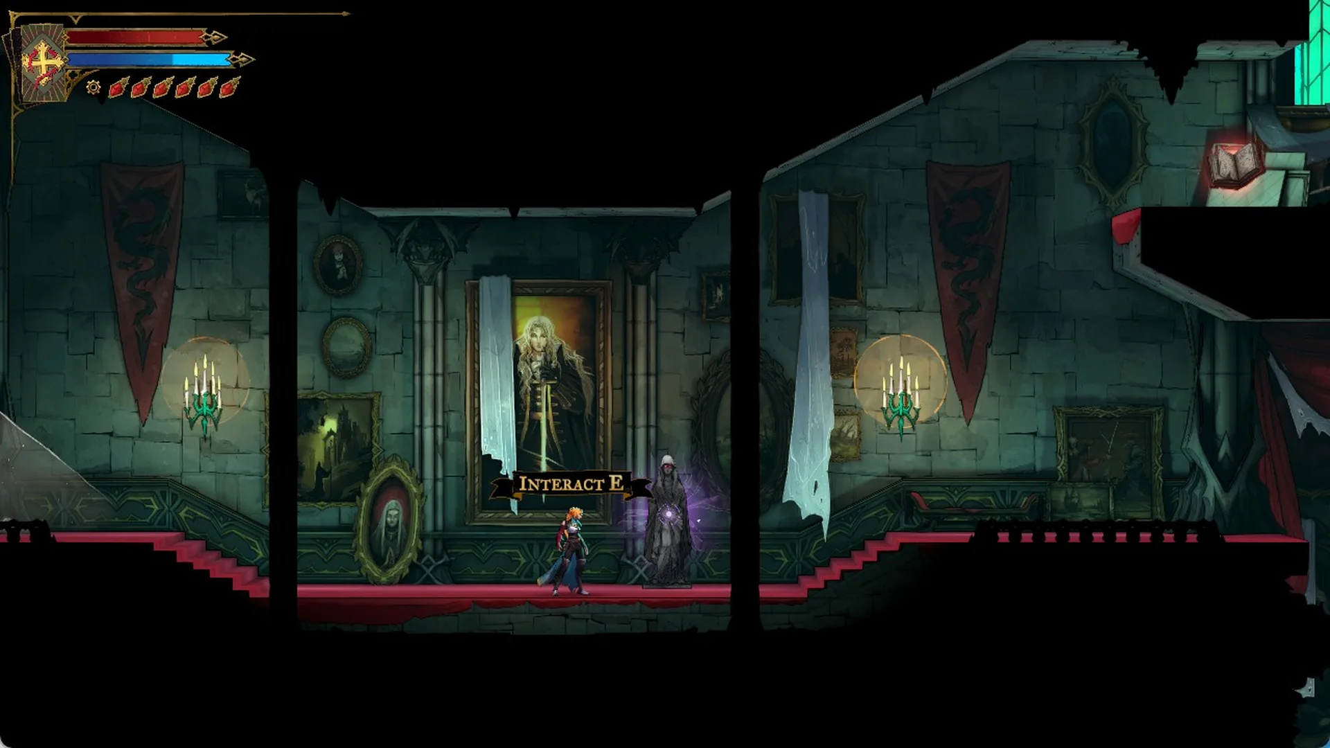 The hooded statue in front of the big portrait in the Old Gallery in the Main Hall in Castlevania: Belmont's Curse