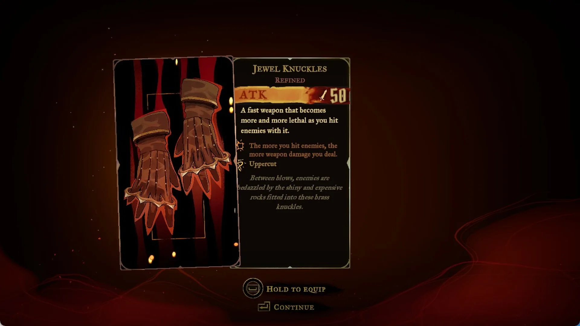The Jewel Knuckles weapon card, Refined, ATK 50, in Castlevania: Belmont's Curse