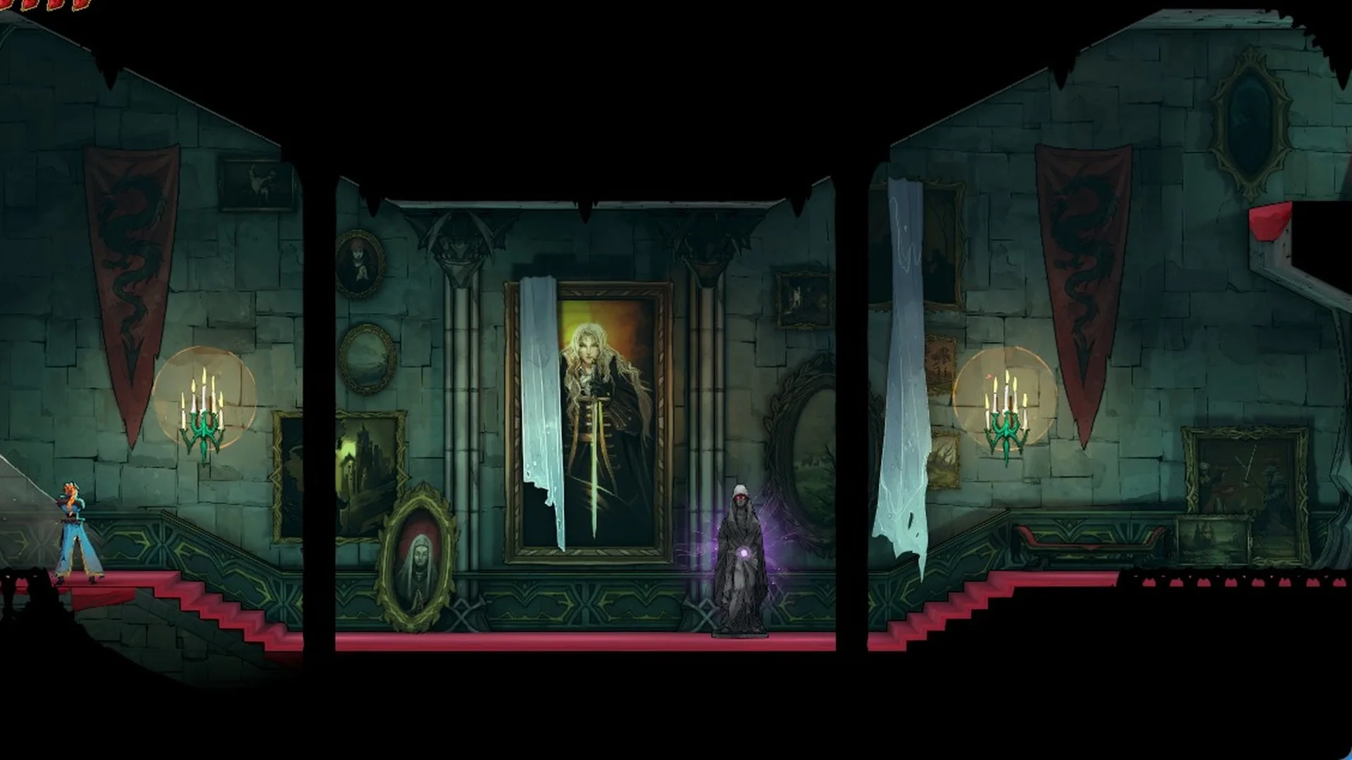 The Old Gallery portrait hall with red stairs and a hooded statue in the Main Hall in Castlevania: Belmont's Curse