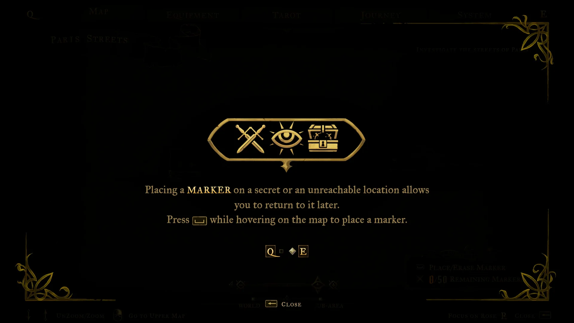 Map marker tutorial card reading Press Space while hovering on the map to place a marker