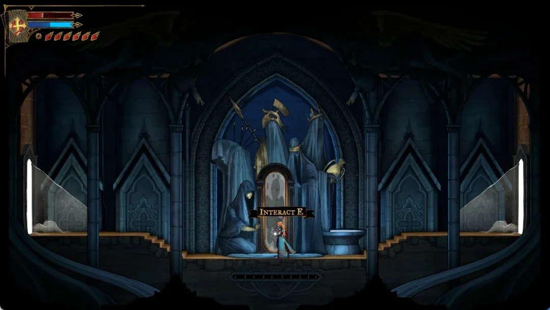 Rose Belmont at a Mirror of Life between hooded statues with the INTERACT prompt