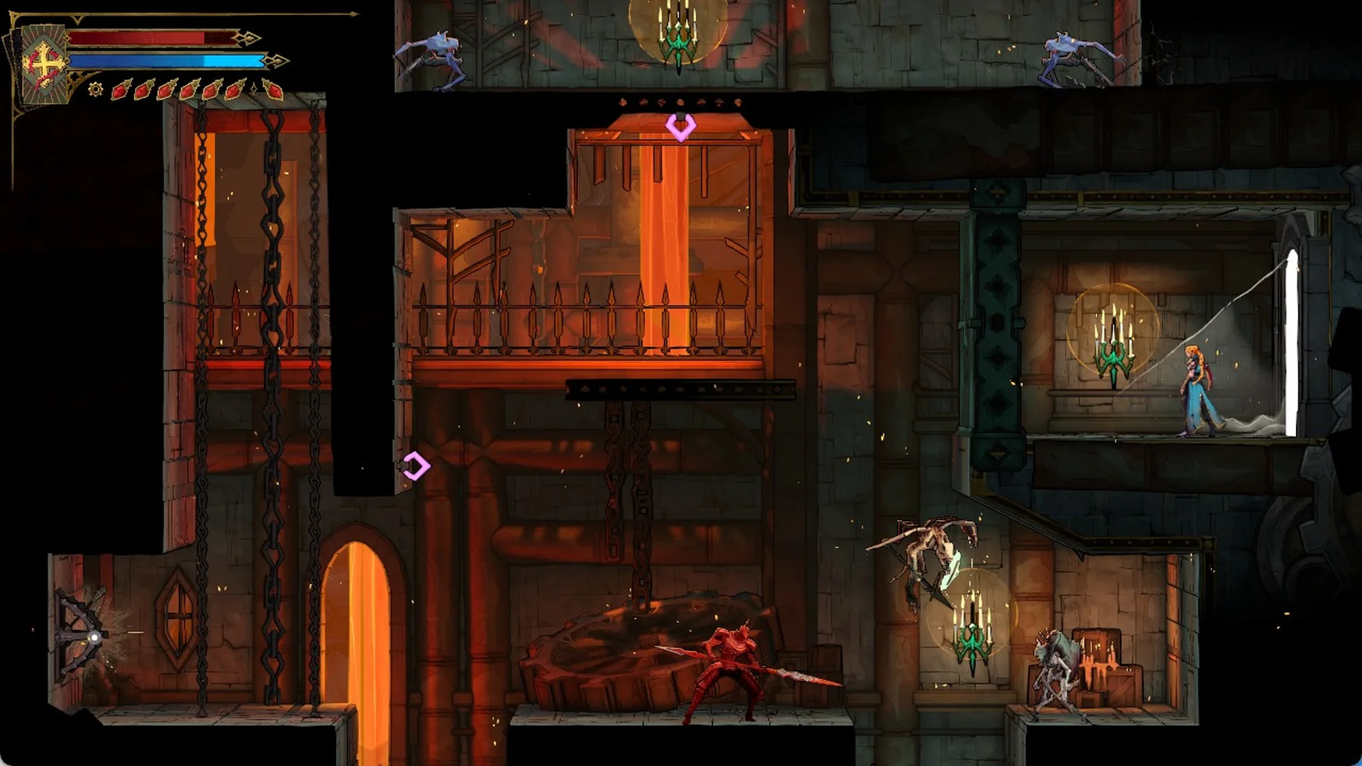 Rose in the Path of the Builder in the Clock Tower with enemies around her in Castlevania: Belmont's Curse