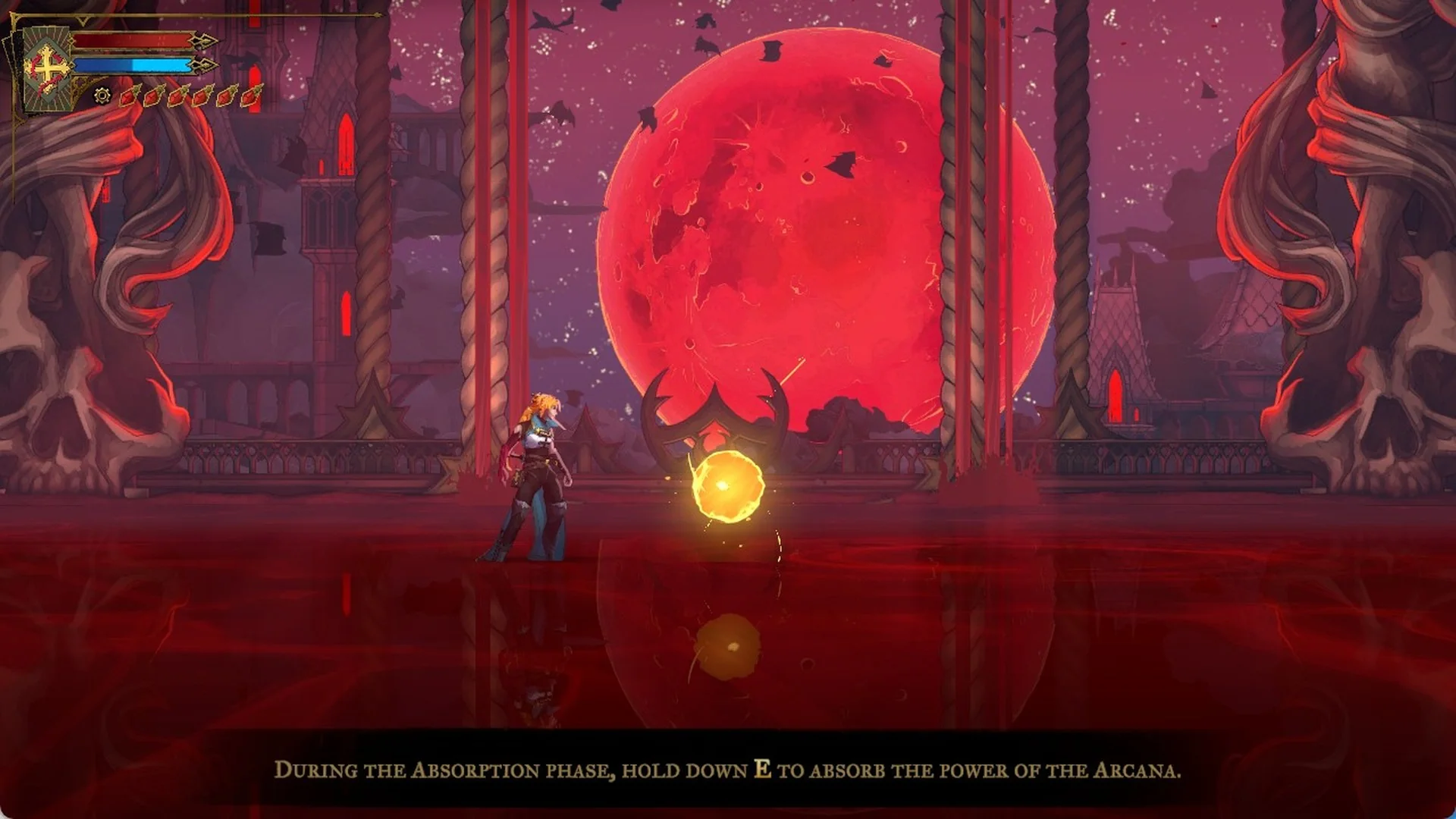 The hold E absorption hint at the bottom of the screen in Castlevania: Belmont's Curse
