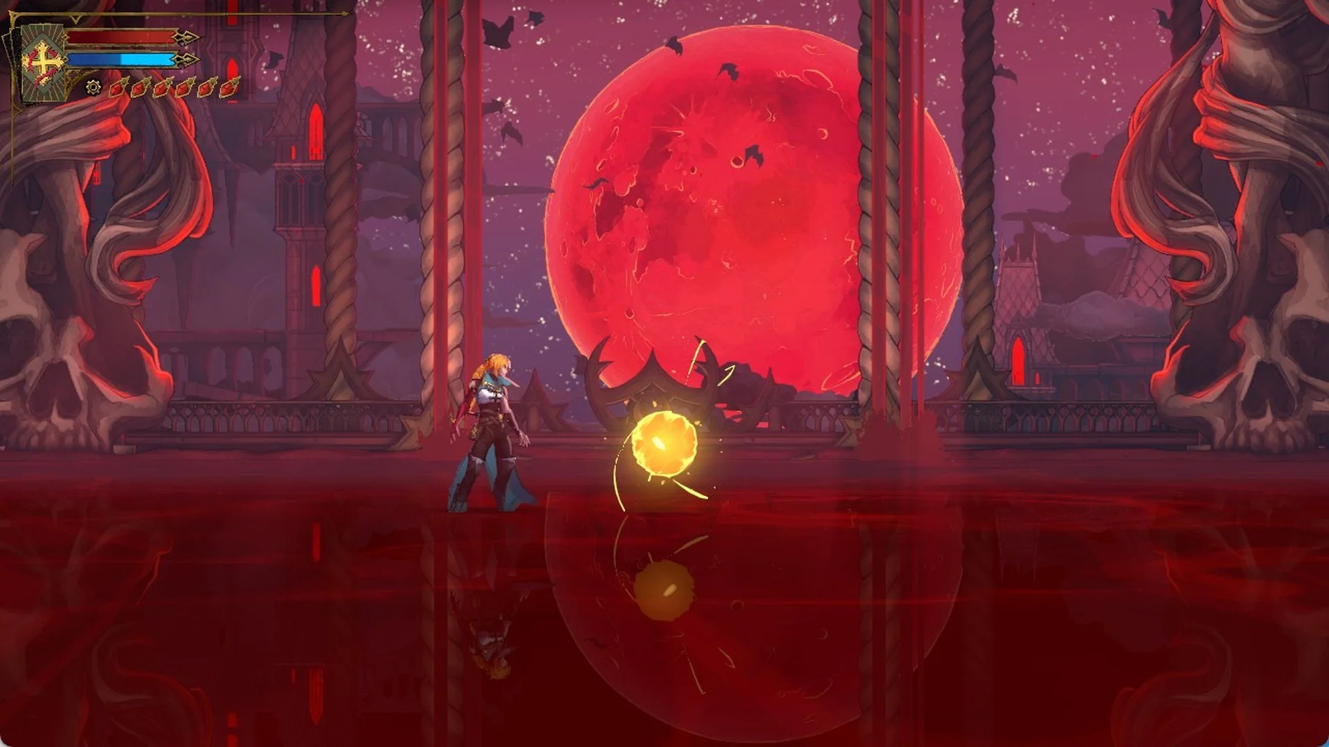 Rose in Carmilla's blood-flooded hall under the red moon next to the golden orb in Castlevania: Belmont's Curse