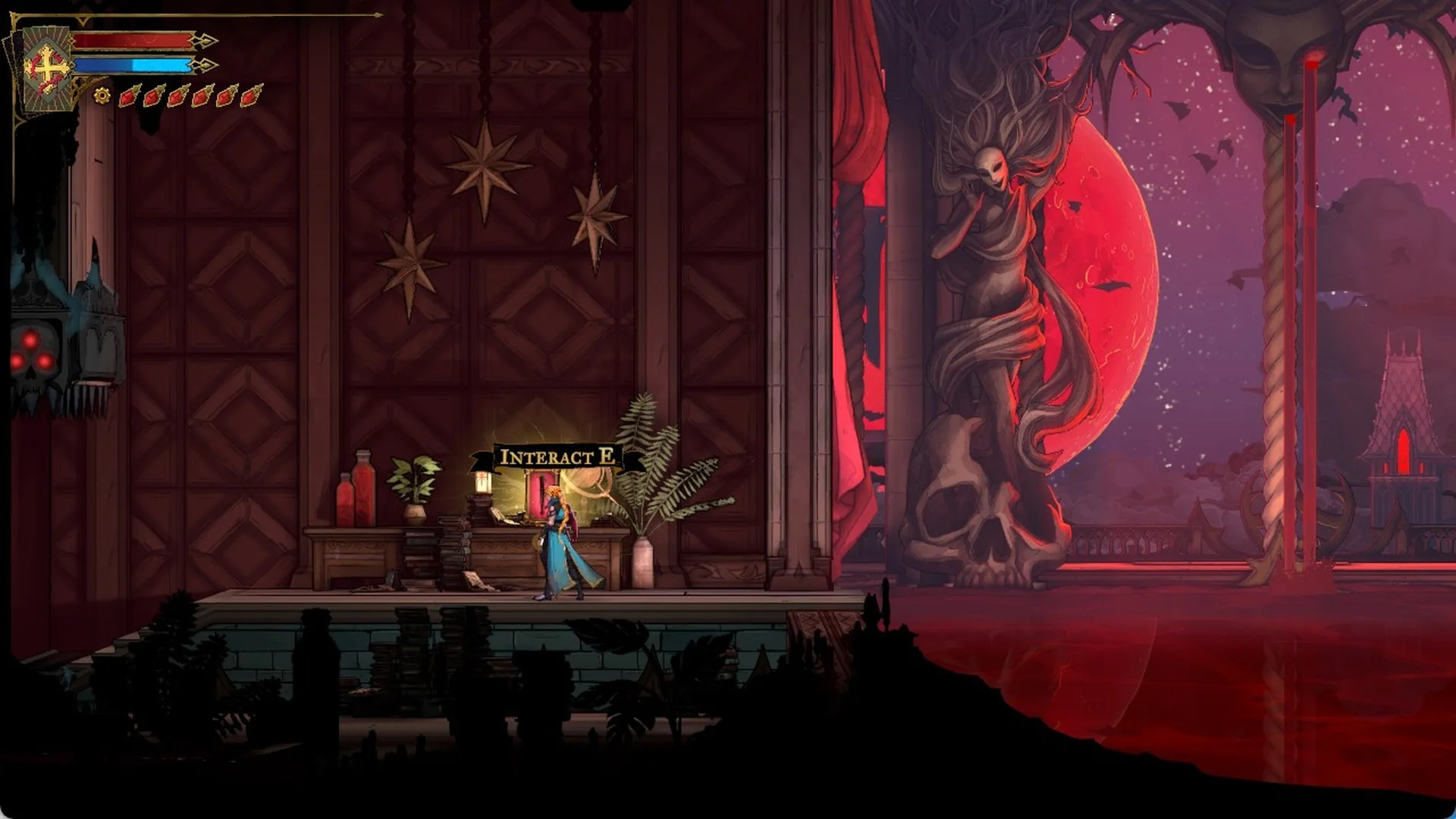 The desk with the Interact E prompt on the left landing of Carmilla's hall in Castlevania: Belmont's Curse