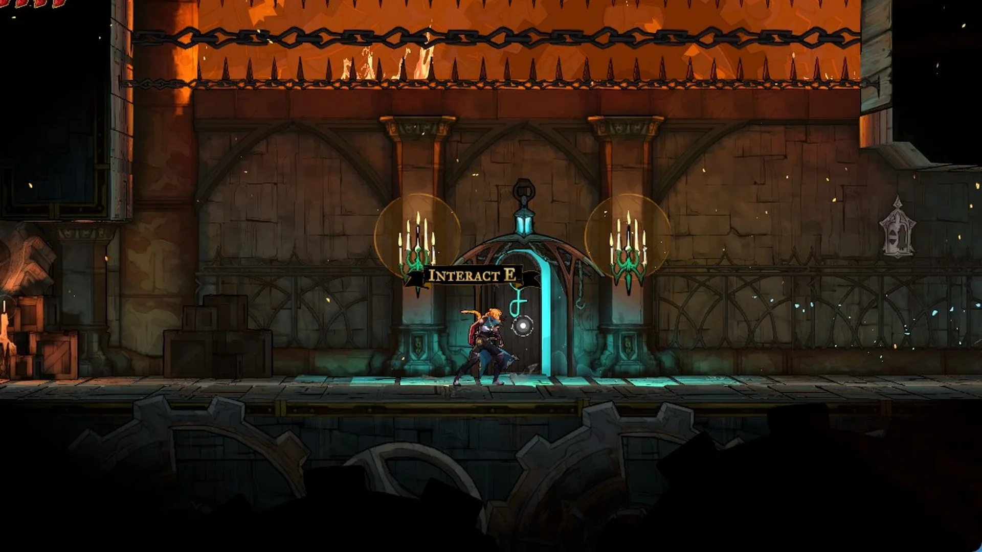 Rose at the cyan door in the Foundry Apex furnace room with the Interact prompt
