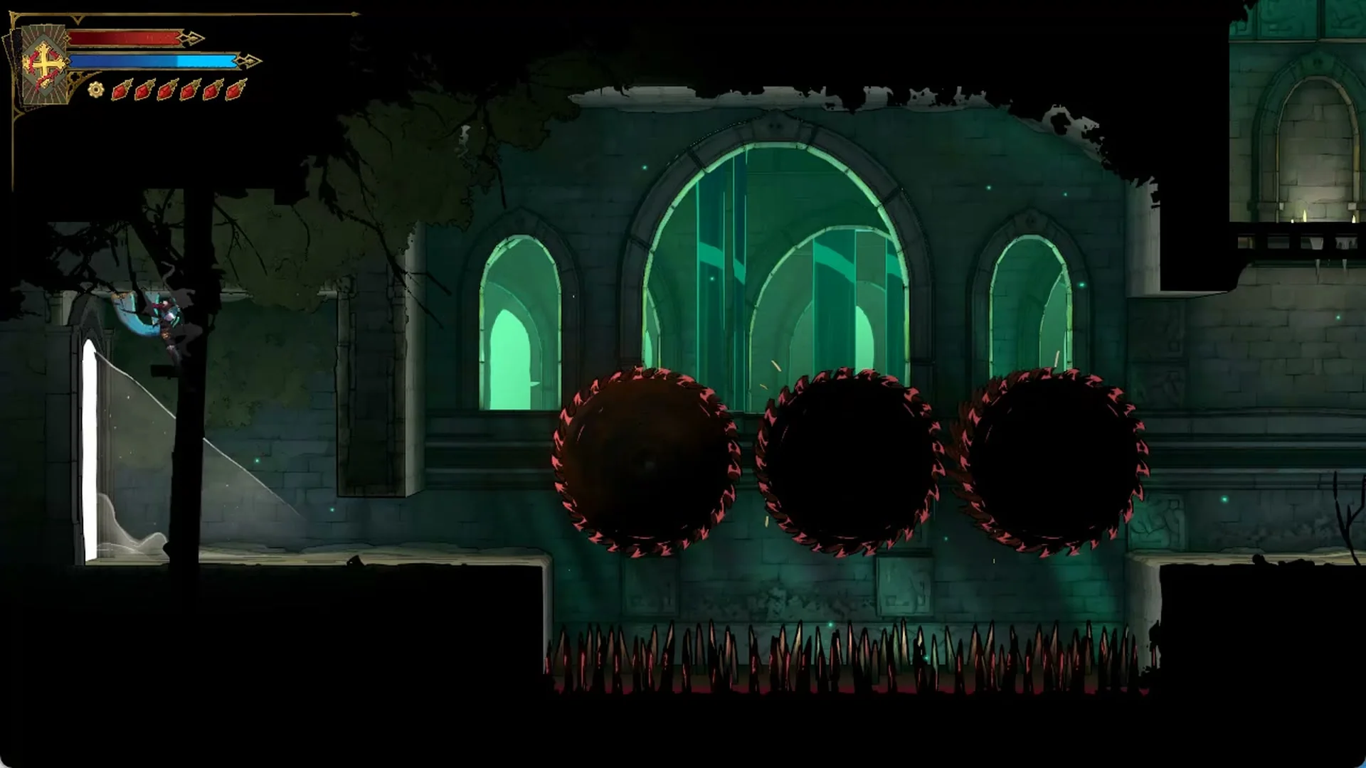 Spinning sawblades over red spikes in the Hot Springs in Holy Innocents' Cemetery in Castlevania: Belmont's Curse