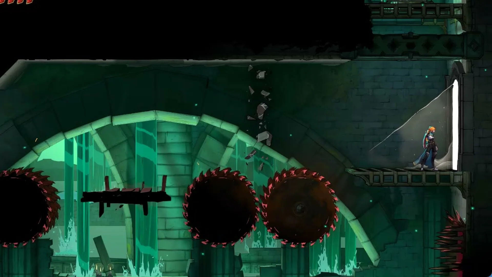 The small room off the Hot Springs with sawblades and the chest visible on the ledge above the entry door in Castlevania: Belmont's Curse