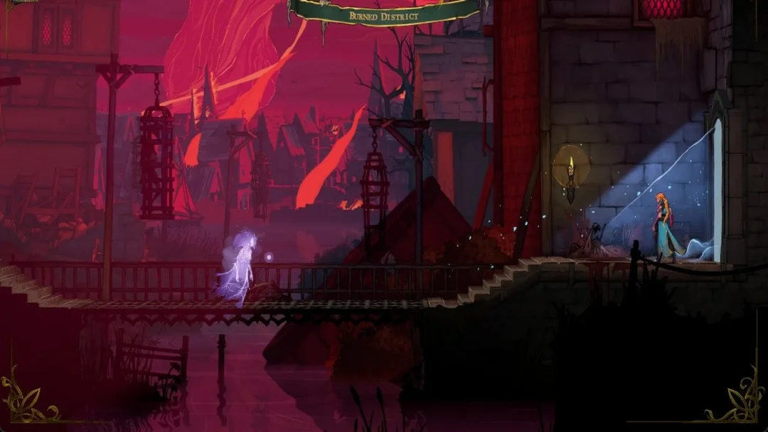 Rose meets a spirit on a bridge in the Burned District of Paris Streets in Castlevania: Belmont's Curse
