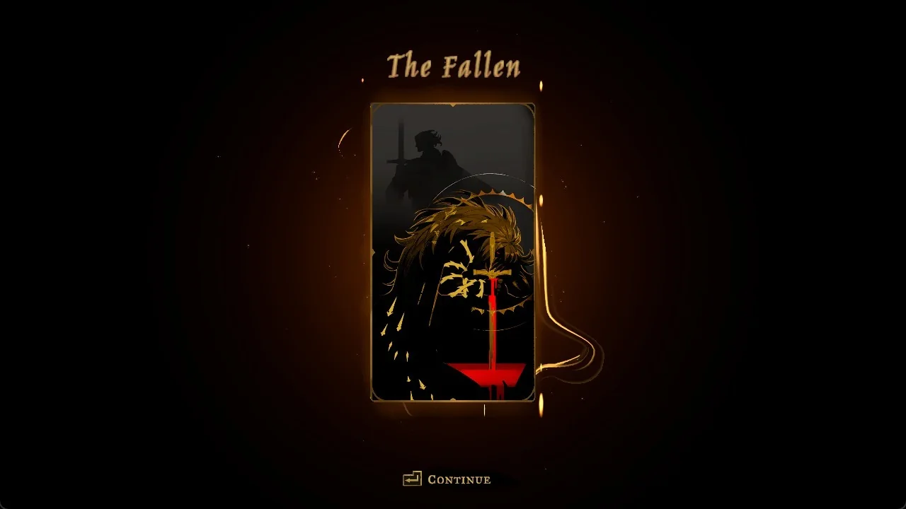 The Fallen tarot card on a black screen with a Continue prompt showing the Enter key