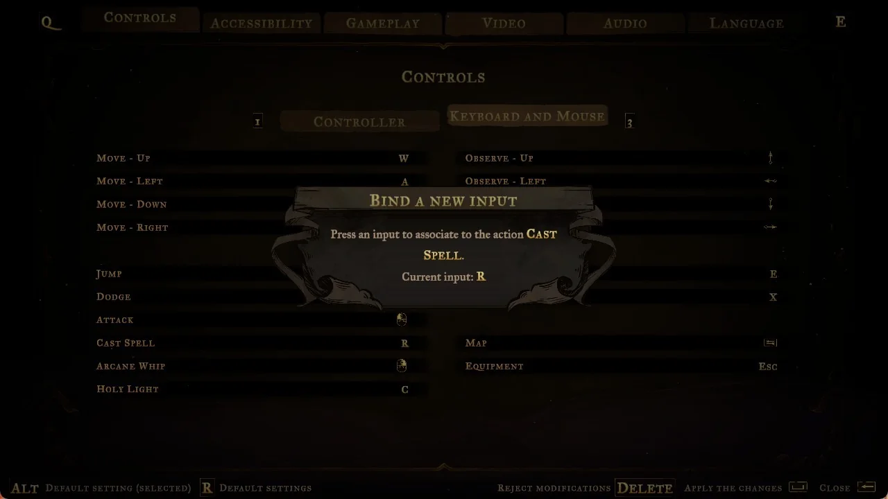 The Bind a New Input dialog over the Keyboard and Mouse tab, asking for an input for Cast Spell with the current input R